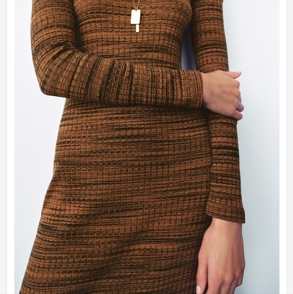 New Zara Ribbed Cut Out Cold Shoulder Long Sleeve Brown/Black Midi Dress Small - Picture 7 of 15